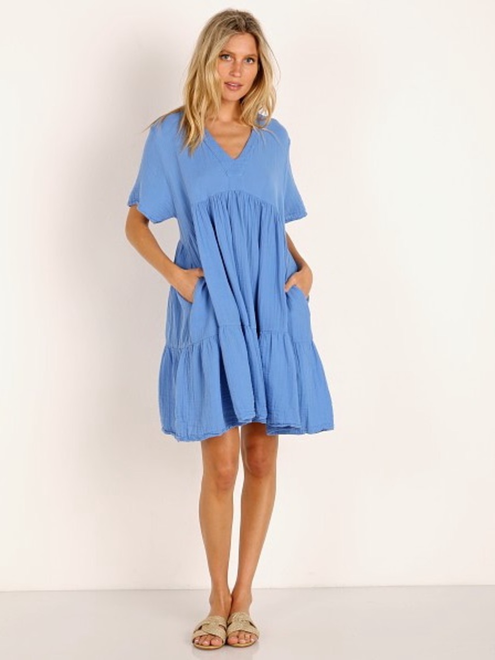 9 Seed Womens Cotton Tiered Mini Dress Size PS Blue Resort Bohemian Vacation